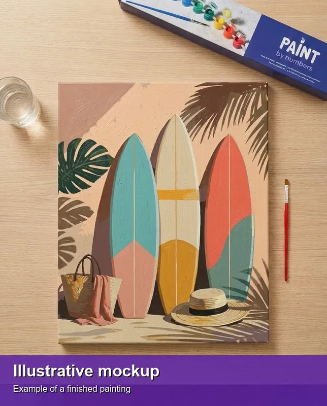 Valmiin numeromaalauksen havainnekuva - Three Surfboards and Hat 40x50cm