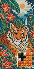 Thumbnail for Tiger among the Ginger Lilies, 20x40 cm timanttimaalaus – lopullisen kuvion esikatselu ja lähikuva neliönmuotoisista timanteista