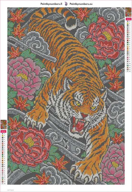 Tiger and Peony Tattoo timanttimaalauksen liimapintainen canvas 40x60cm