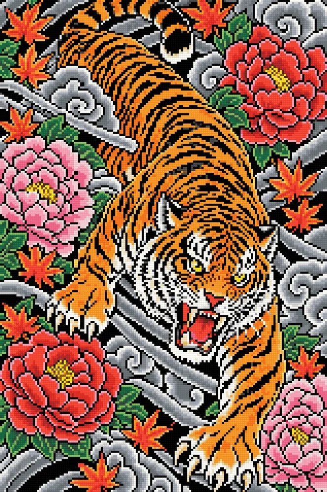 Tiger and Peony Tattoo, 40x60 cm timanttimaalaus – lopullisen kuvion esikatselu