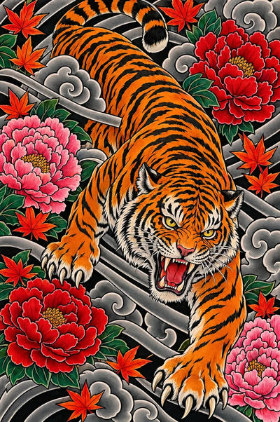 Tiger and Peony Tattoo, 40x60 cm timanttimaalaus – alkuperäinen kuva, josta kuvio on tehty