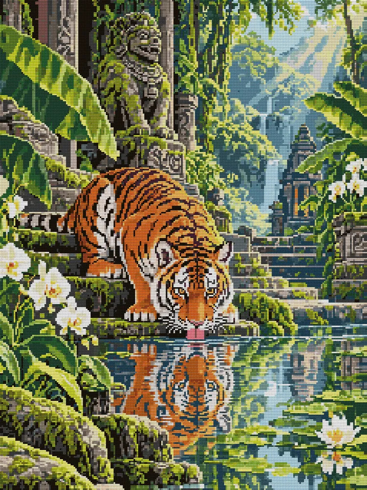 Tiger at the Temple Pool, 60x80 cm timanttimaalaus – koko kuvion esikatselu ilman lähikuvaa