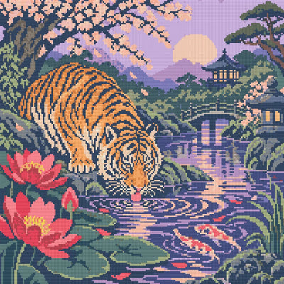 Tiger beside the Crimson Pool, 50x50 cm timanttimaalaus – lopullisen kuvion esikatselu