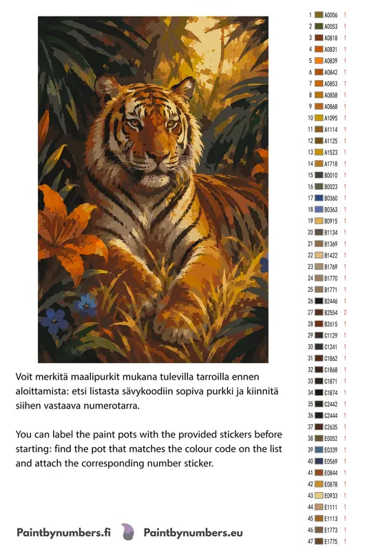Värikartta ja ohjeet - Tiger in Jungle 40x60cm