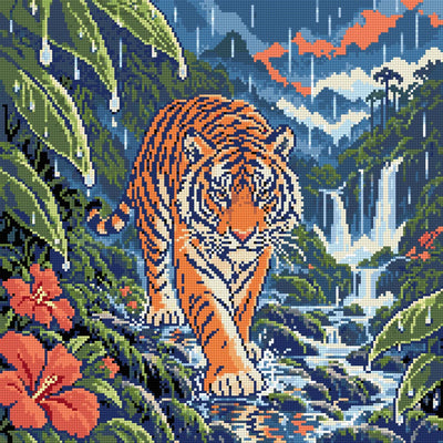 Tiger in the Monsoon Clearing, 50x50 cm timanttimaalaus – lopullisen kuvion esikatselu