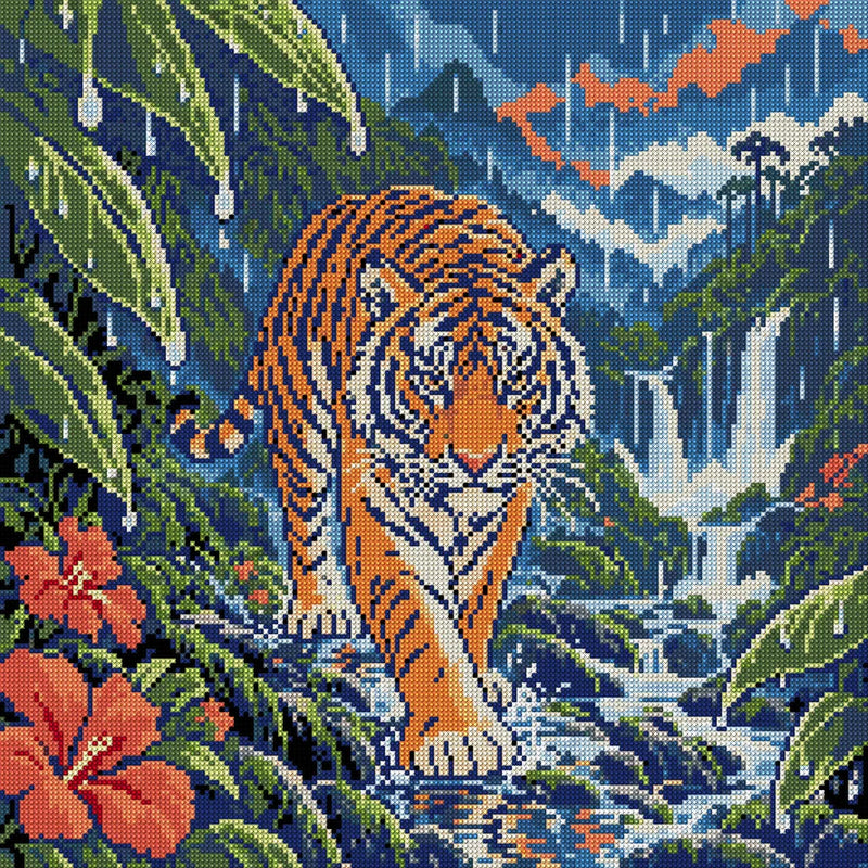 Tiger in the Monsoon Clearing, 50x50 cm timanttimaalaus – koko kuvion esikatselu ilman lähikuvaa