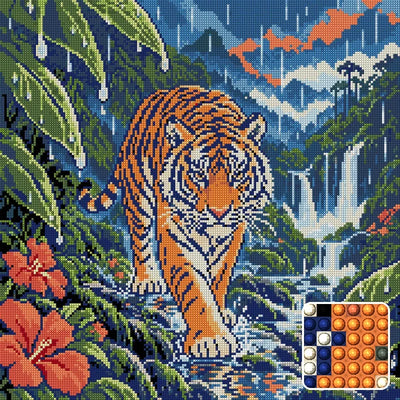 Tiger in the Monsoon Clearing, 50x50 cm timanttimaalaus – lopullisen kuvion esikatselu ja lähikuva pyöreistä timanteista