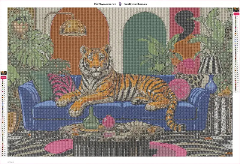Tiger on Sofa timanttimaalauksen liimapintainen canvas 75x50cm