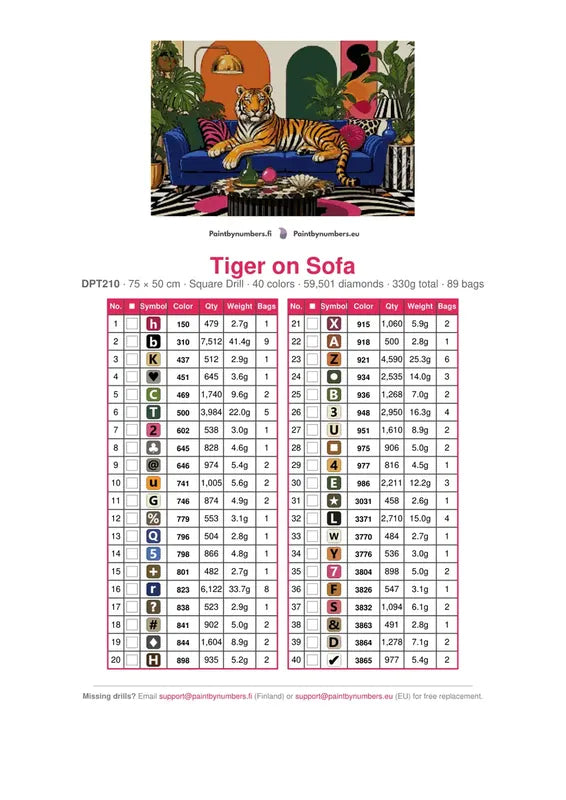 Tiger on Sofa timanttimaalauksen värikartta – 40 DMC-väriä