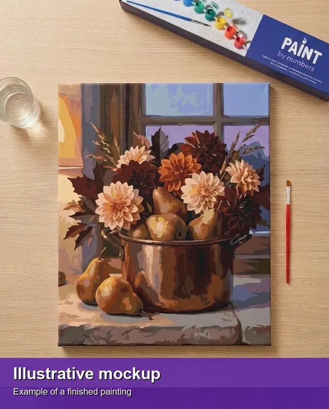 Valmiin numeromaalauksen havainnekuva - Pears and Flowers in Copper Pot 40x50cm