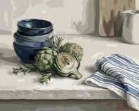 Thumbnail for Artisokat, siniset kulhot ja keittiöpyyhe numeromaalaus.