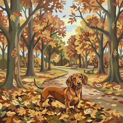 Mäyräkoira syksyisessä puistossa numeromaalaus. Ruskan värit ja lehtipuut.