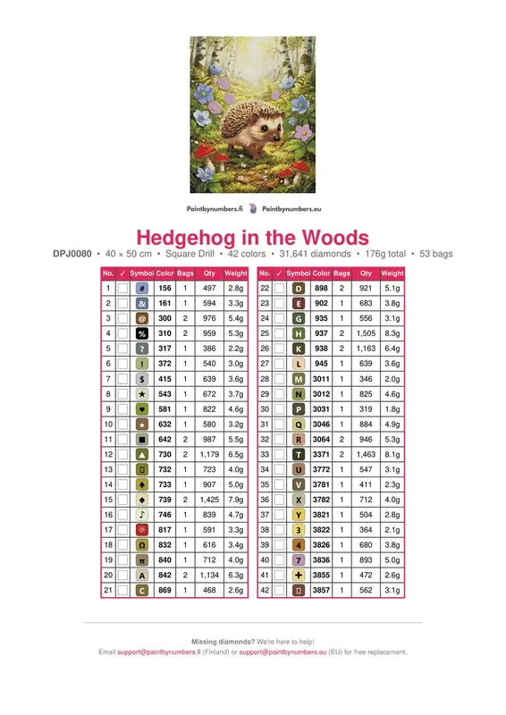 Hedgehog in the Woods timanttimaalauksen värikartta – 42 DMC-väriä