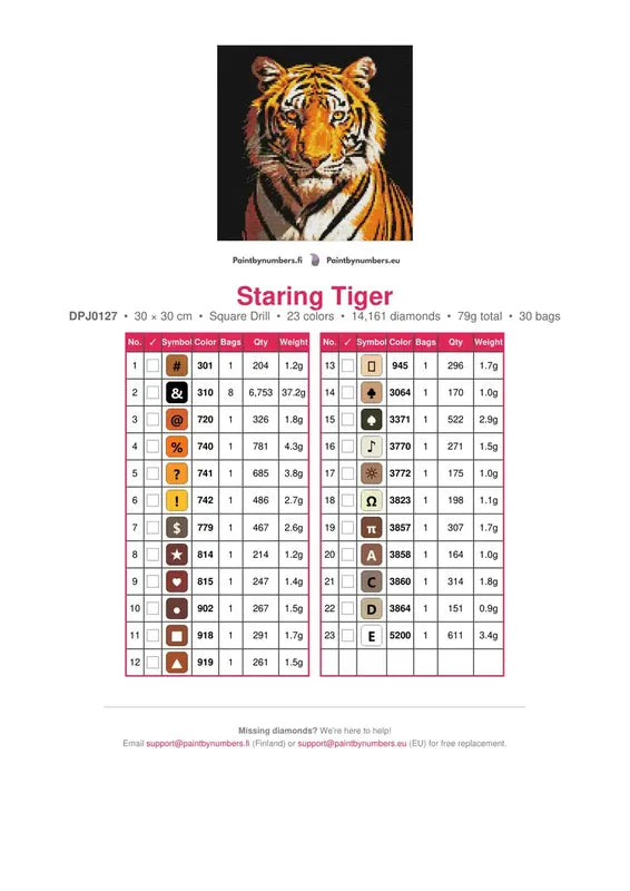 Staring Tiger timanttimaalauksen värikartta – 23 DMC-väriä