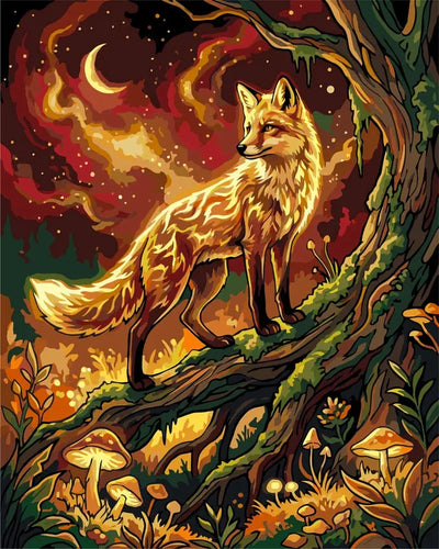 Kettu metsässä yöllä numeromaalaus - renderöinti valmiista numeromaalauksesta