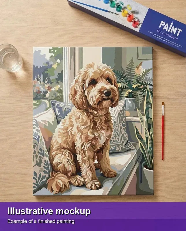 Valmiin numeromaalauksen havainnekuva - Curly Dog on Sofa 40x50cm