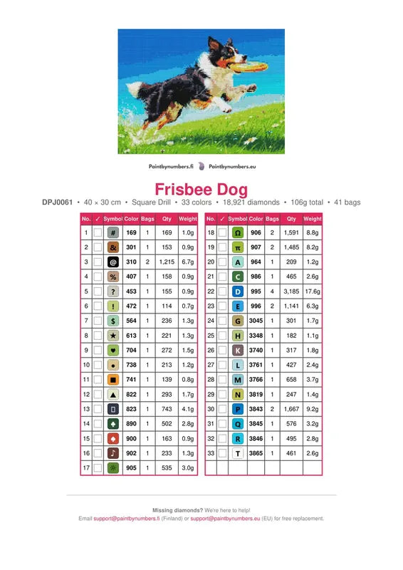 Frisbee Dog timanttimaalauksen värikartta – 33 DMC-väriä