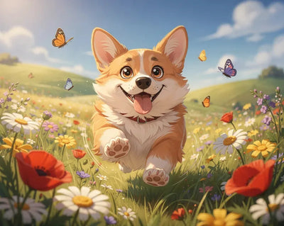 Corgi-koira juoksemassa kukkakedolla perhosten ympäröimänä.