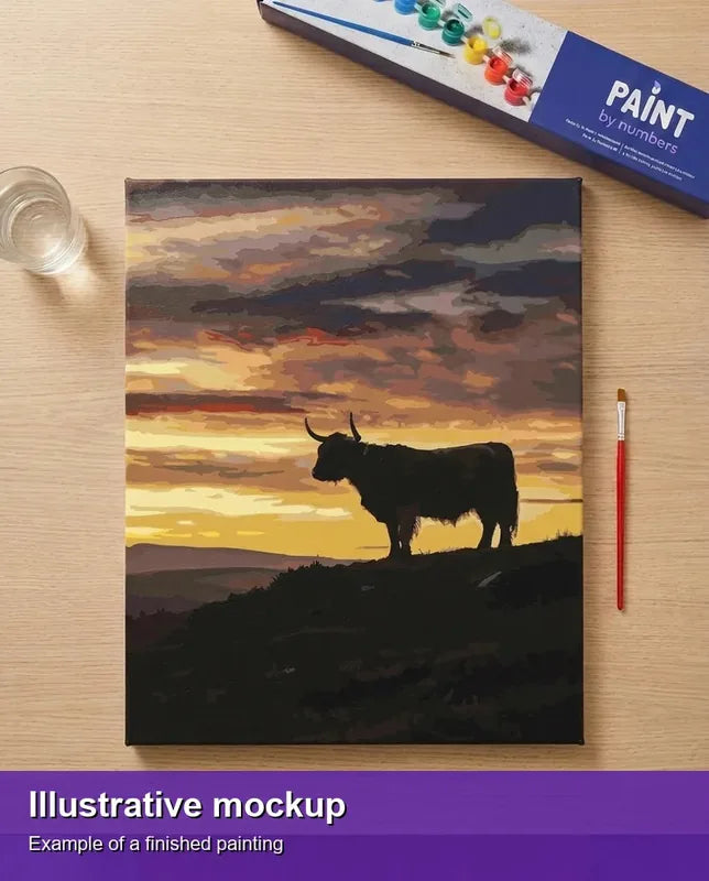 Valmiin numeromaalauksen havainnekuva - Highland Cow at Sunset 40x50cm