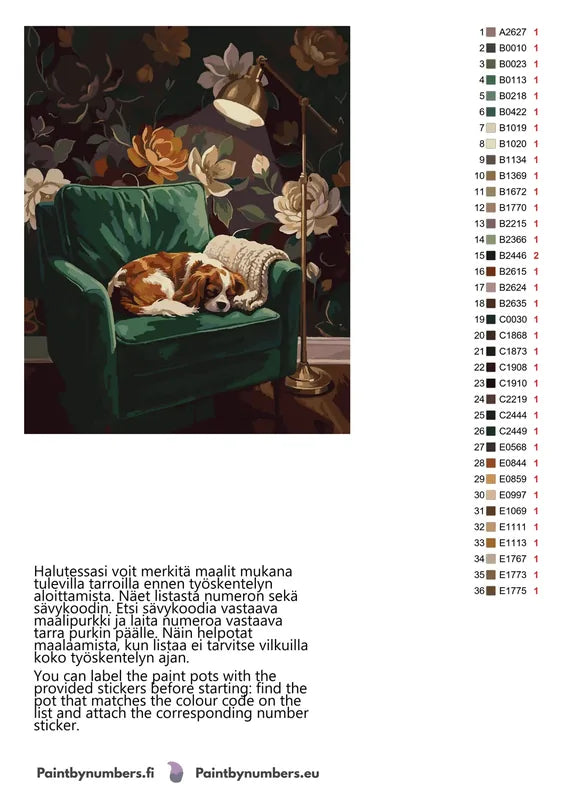 Paint by numbers color chart - Dog Sleeping on Chair - väriluettelo ja ohjeet