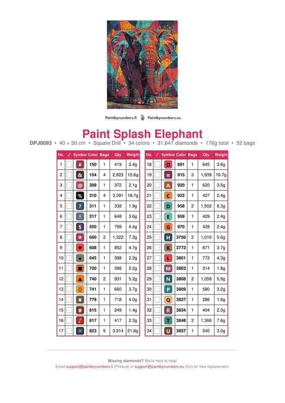 Paint Splash Elephant timanttimaalauksen värikartta – 34 DMC-väriä
