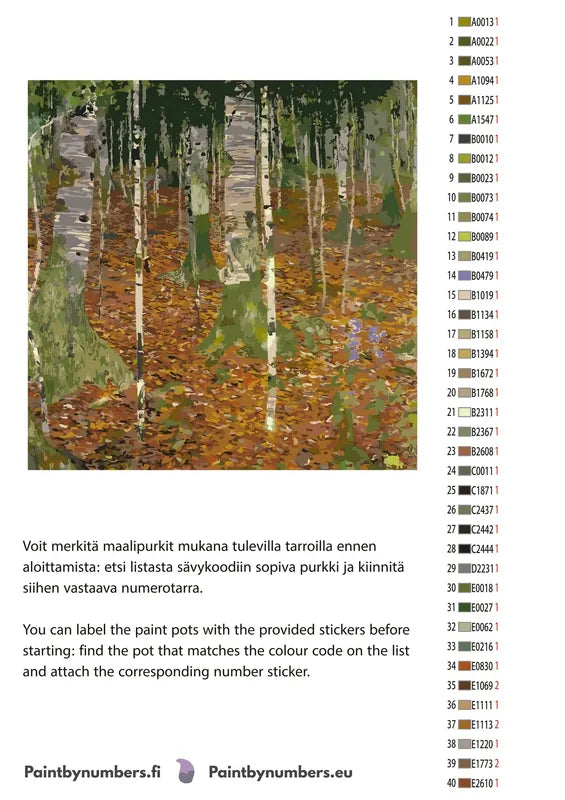 Paint by numbers color chart - Birch Forest - väriluettelo ja ohjeet