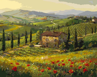 Italian maaseudun numeromaalaus - talo viinitarhalla ja punaisia kukkia