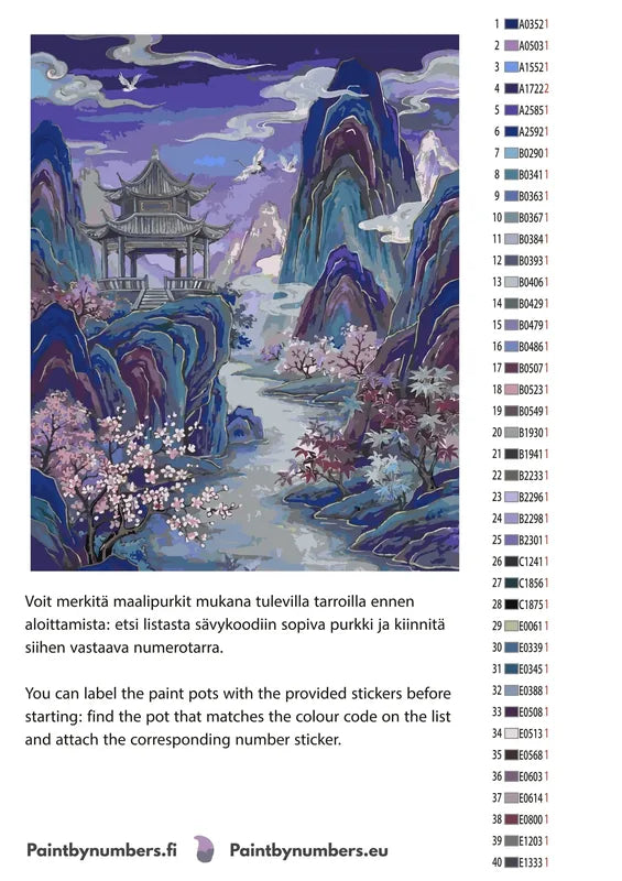Paint by numbers color chart - Pagoda and Cherry Blossoms - väriluettelo ja ohjeet