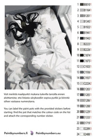 Thumbnail for Paint by numbers color chart - Woman Sleeping in Bed - väriluettelo ja ohjeet