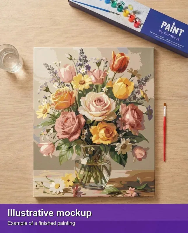 Valmiin numeromaalauksen havainnekuva - Roses and Tulips Bouquet 40x50cm