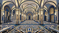 Thumbnail for Suuri holvikäytävä pylväineen numeromaalaus. Geometrinen lattia ja kaarevat holvit.