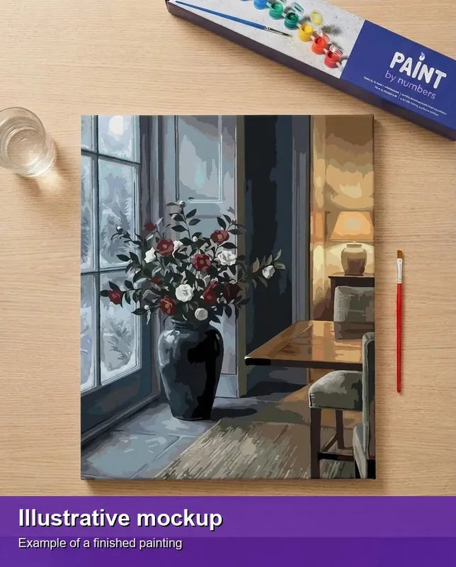 Valmiin numeromaalauksen havainnekuva - Vase of Flowers by Window 40x50cm
