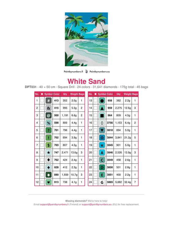 White Sand timanttimaalauksen värikartta – 24 DMC-väriä