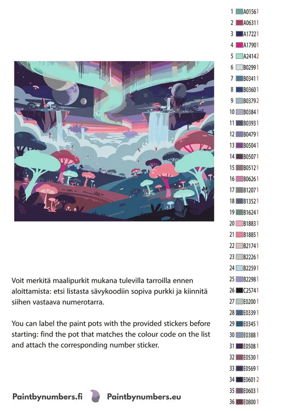 Paint by numbers color chart - Abstract Landscape Waterfalls Planets - väriluettelo ja ohjeet
