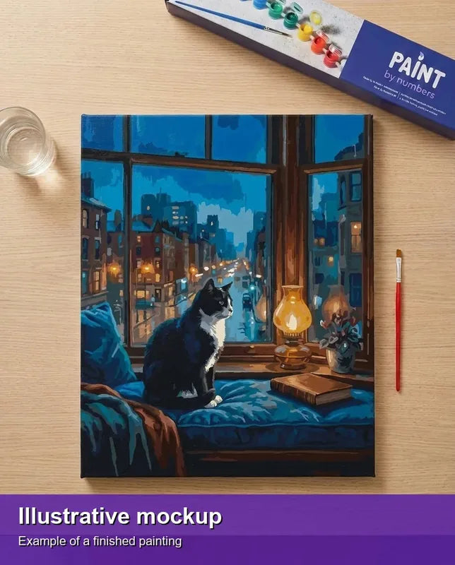 Valmiin numeromaalauksen havainnekuva - Cat City Window View 40x50cm