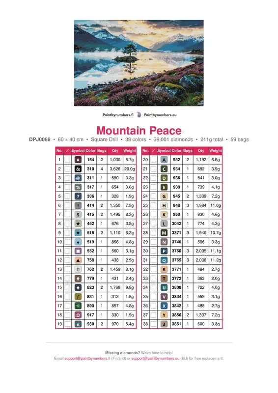 Mountain Peace timanttimaalauksen värikartta – 38 DMC-väriä