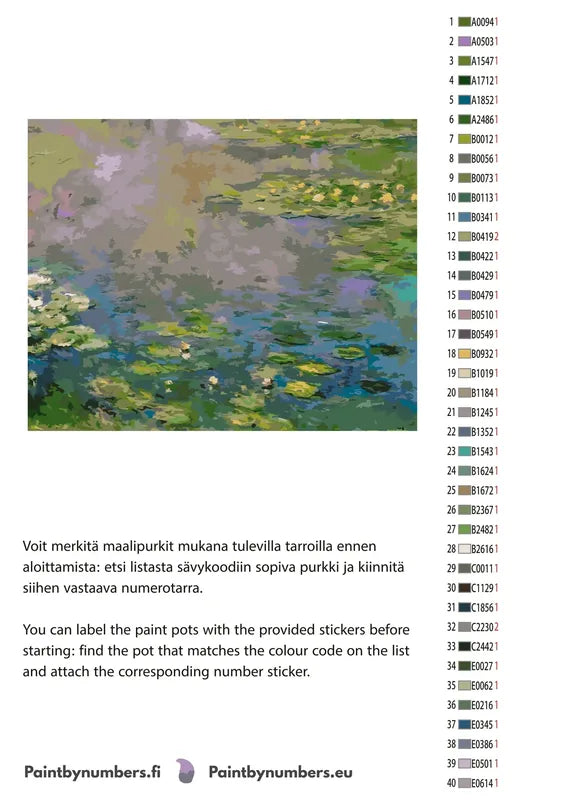 Paint by numbers color chart - Water Lilies - väriluettelo ja ohjeet