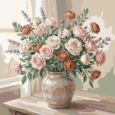 Ruusukimppu keraamisessa maljakossa numeromaalaus.