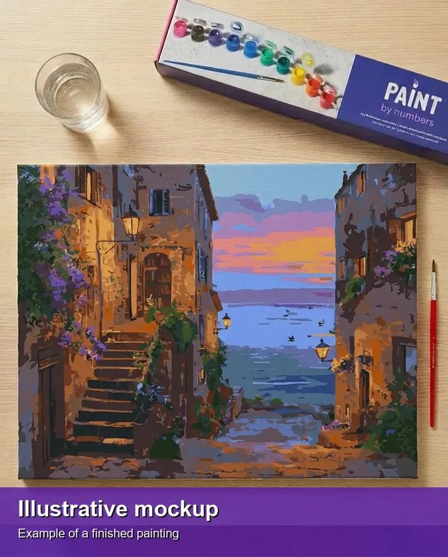 Valmiin numeromaalauksen havainnekuva - Mediterranean Sunset Alley 50x40cm