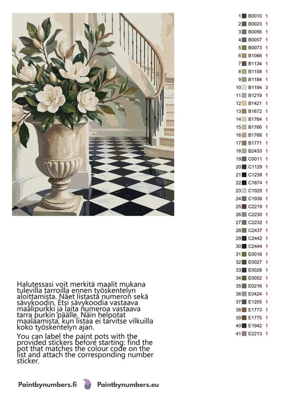 Magnolia Vase in Hallway numeromaalauksen värikartta ja ohjeet