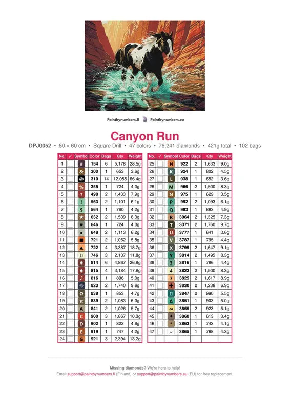 Canyon Run timanttimaalauksen värikartta – 47 DMC-väriä