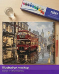 Thumbnail for Valmiin numeromaalauksen havainnekuva - Red Bus on Rainy Street 50x40cm