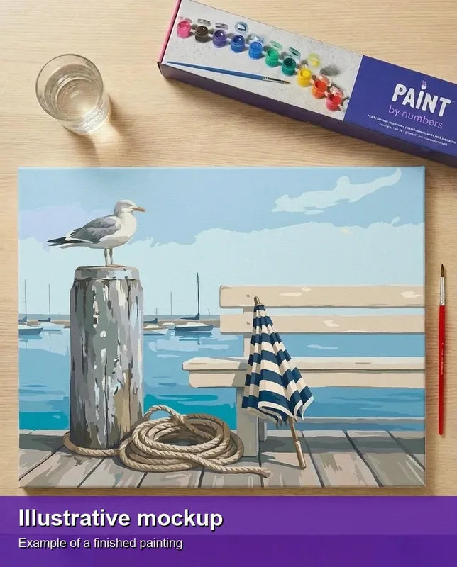 Valmiin numeromaalauksen havainnekuva - Seagull on Pier 50x40cm