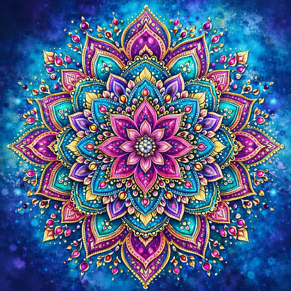 Kiehtova ja värikäs mandala sinisellä taustalla