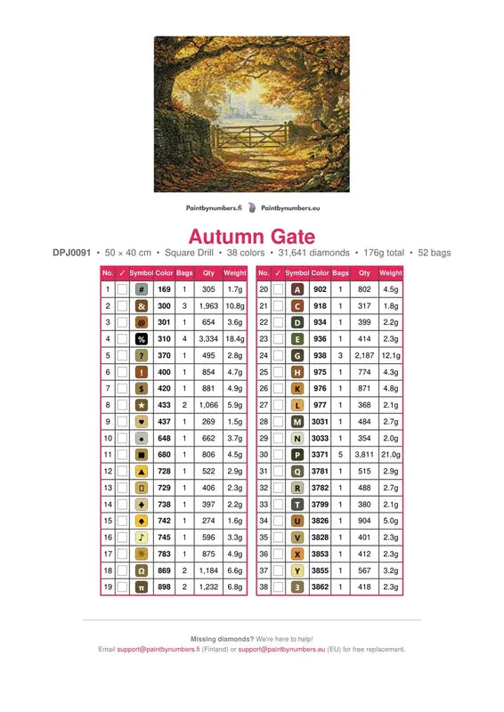Autumn Gate timanttimaalauksen värikartta – 38 DMC-väriä