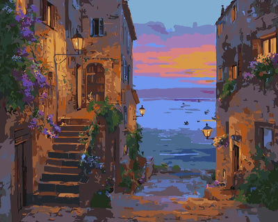 Paint by Numbers artwork of a Mediterranean alley with sunset over the sea