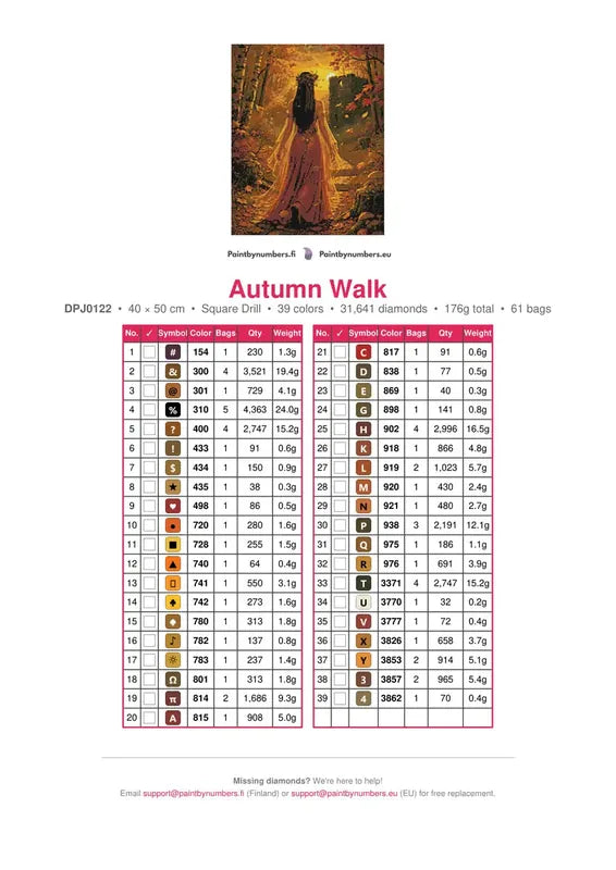Autumn Walk timanttimaalauksen värikartta – 39 DMC-väriä