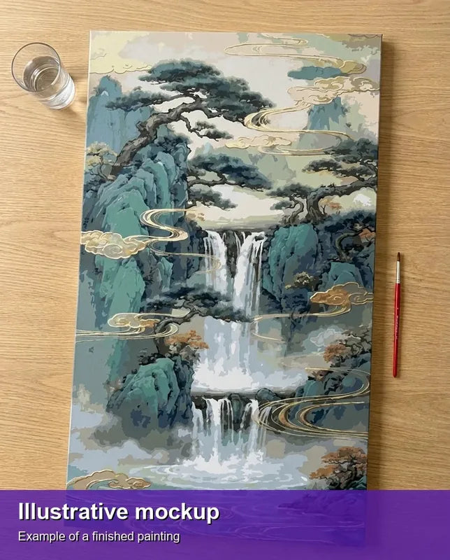 Valmiin numeromaalauksen havainnekuva - Waterfall and Pine Trees 40x70cm