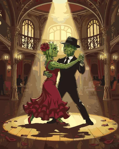 Cactus-pari tanssii numeromaalaus upeassa salissa.