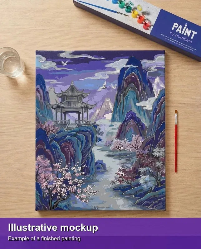 Valmiin numeromaalauksen havainnekuva - Pagoda and Cherry Blossoms 40x50cm